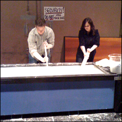 Carly Reed and Steve Spangler mixing and testing the cornstarch goo backstage before The Ellen DeGeneres Show
