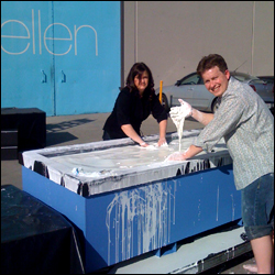 Jeff Brooks and Carly Reed — what a mess! — testing and mixing cornstarch before The Ellen DeGeneres Show
