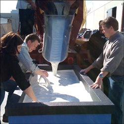 Jeff Brooks, Carly Reed, and Steve Spangler mixing cornstarch goo in the tank before The Ellen DeGeneres Show